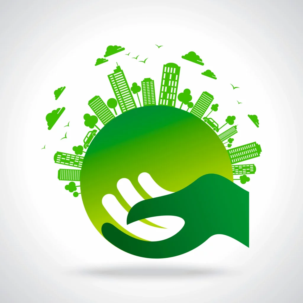infographic hand holding green earth with buildings