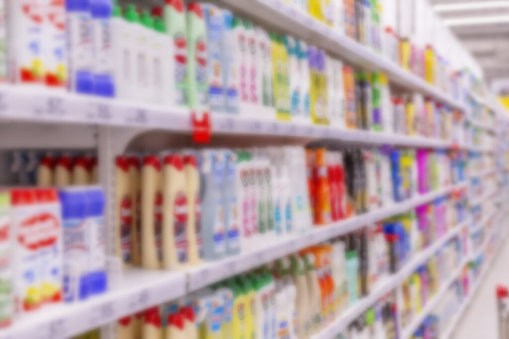 household cleaning products in a supermarket shelf