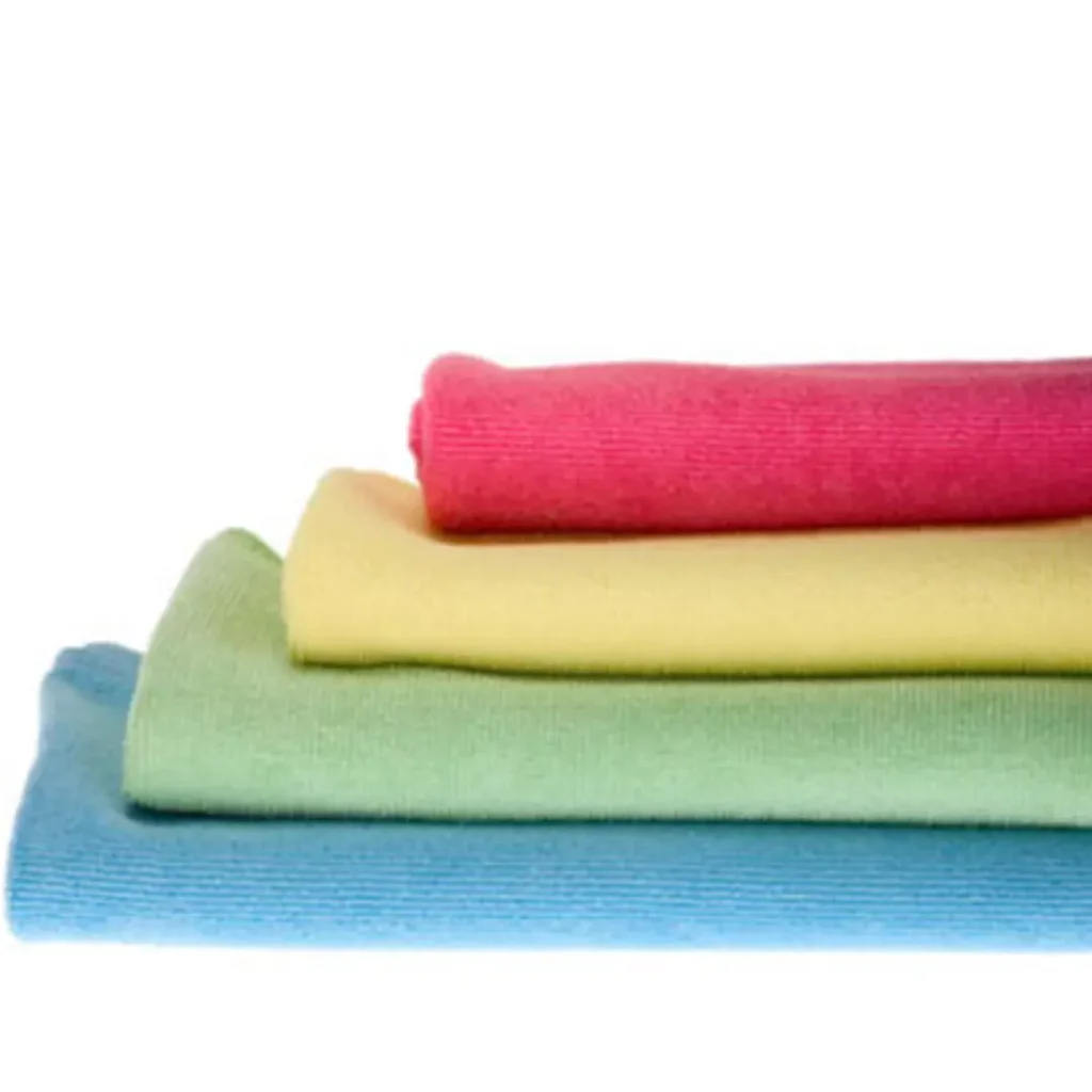 assortment of 4 coloured microfibre cloths in blue, green, yellow and red