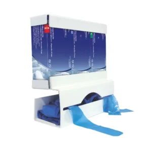 White duo glove and apron dispenser with blue aprons in it.
