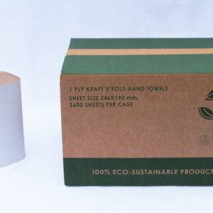 stack of 1Ply kraft V fold hand towels and cardboard box next to it