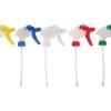 trigger heads for chemical bottles colour coded in yellow, blue, white, red and green
