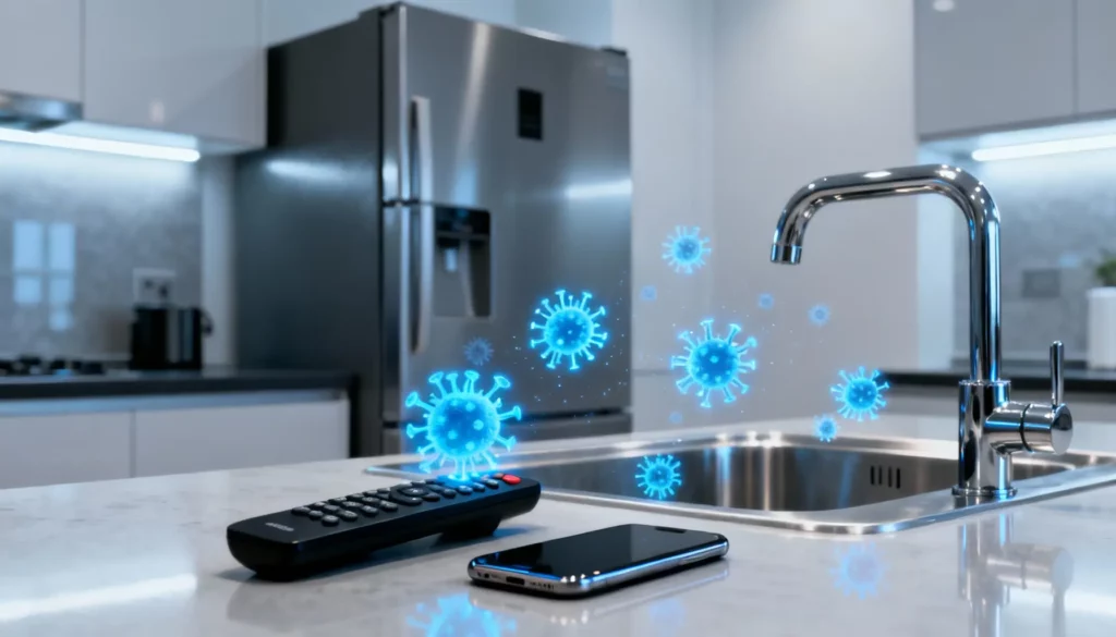 High-touch household surfaces with holographic germ hotspot overlay, including a remote control, phone, and fridge handle.