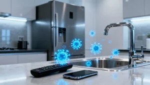 High-touch household surfaces with holographic germ hotspot overlay, including a remote control, phone, and fridge handle.