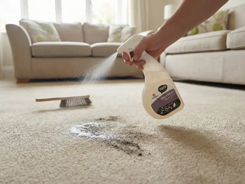 Selden T032 Bio Fresh enzyme cleaner being used to clean stain on carpet