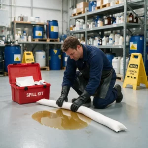 person wearing gloves using a spill kit absorbent sock to contain a chemical spill in a warehouse