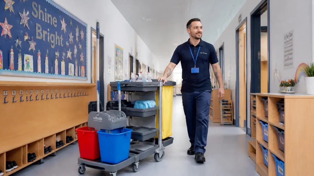 A school caretaker in a blue uniform walking along a bright, polished school hallway with a modern janitorial trolley stocked with cleaning supplies.